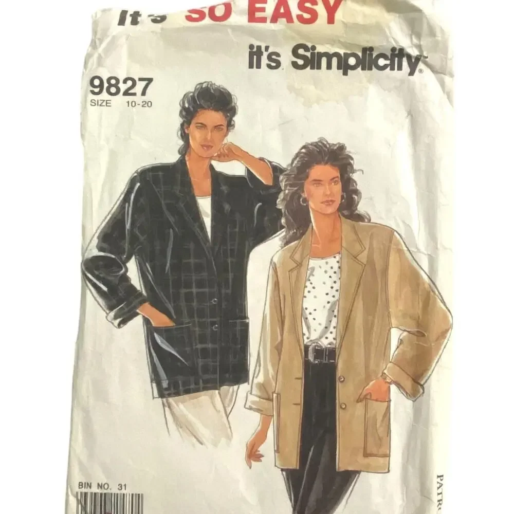 Vtg Jacket Pattern Miss 10-20 Simplicity 9827 Lagenlook Slim Layer Long Unlined